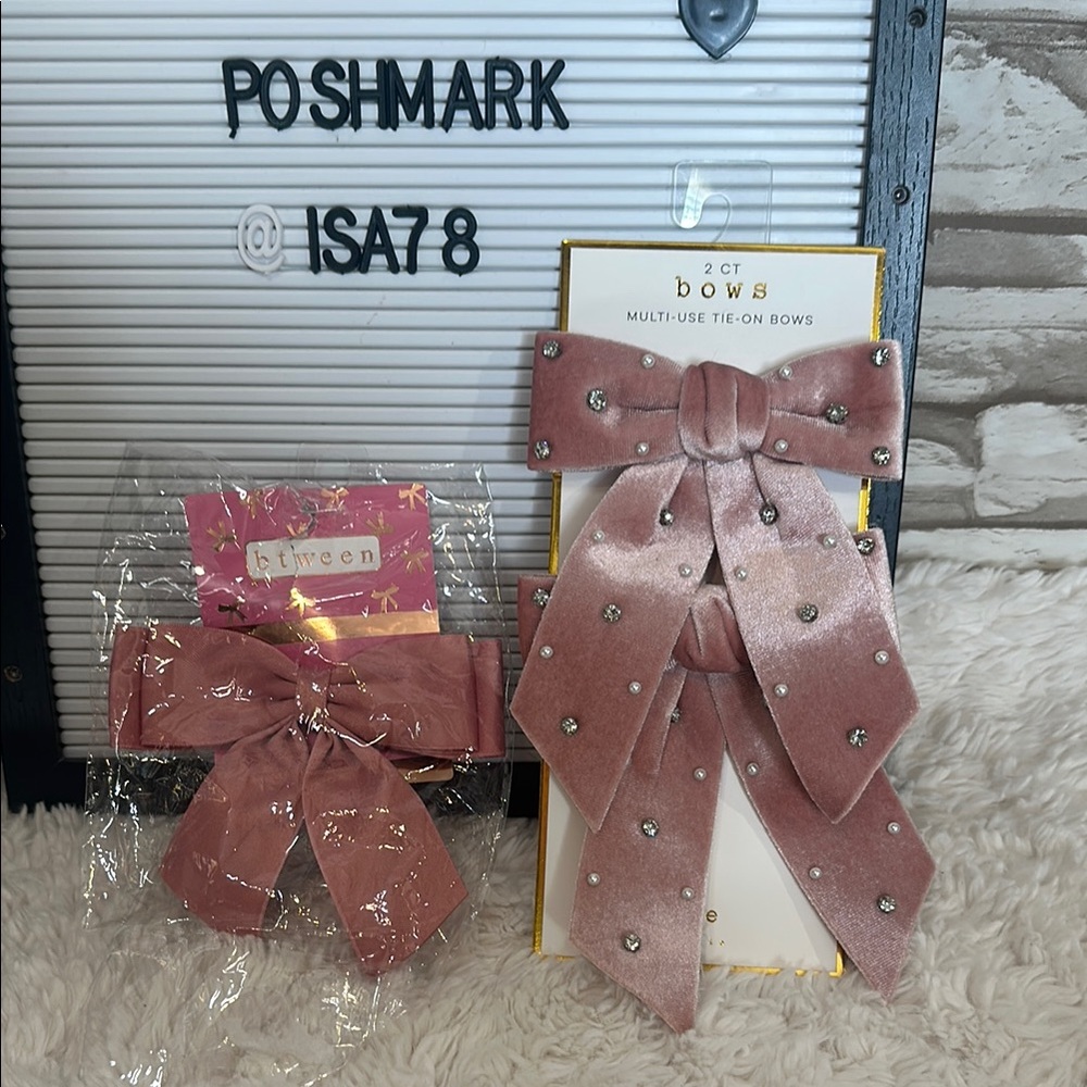 BTWEEN 1 pink Bow and Two CBE Pink Velvet Bows with Rhinestones and faux pearls